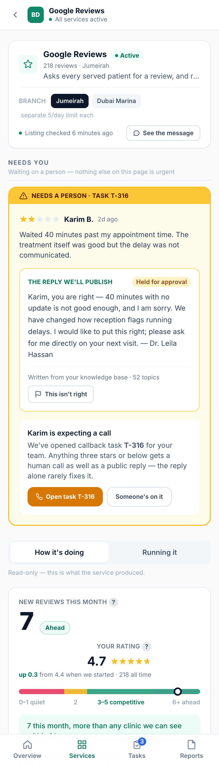 The Google Reviews screen on a phone, showing the same approval flow
